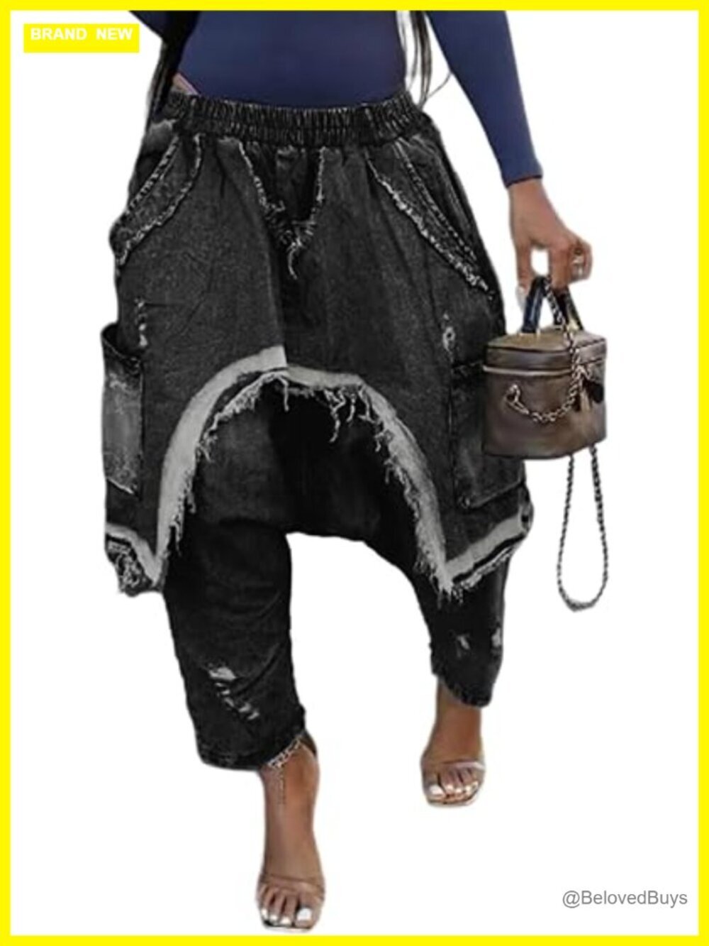 Baggy Cargo Harem Jeans Patchwork Elastic Waist Wide Leg Hippie Denim Pants